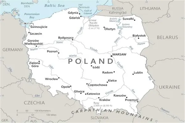 Map of Poland with largest cities