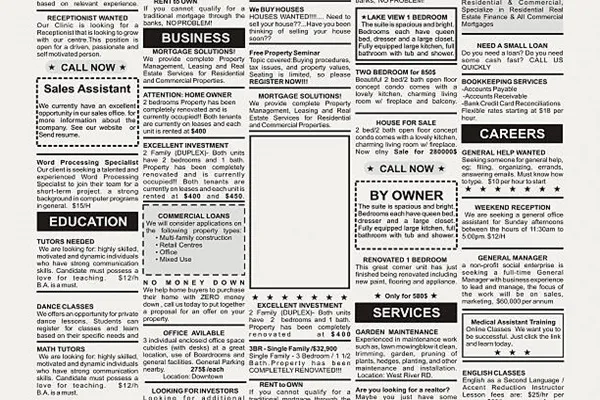 Newspaper with categorized advertisements